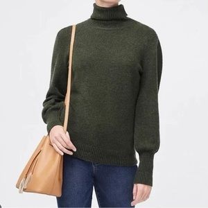 J. Crew Factory Puff-Sleeve Turtleneck Sweater in Super-Soft Yarn - Olive Green